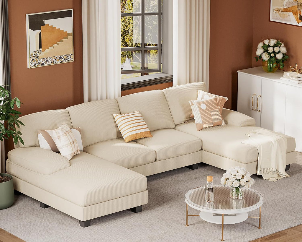 JUMMICO Sectional Couches for Living Room, U Shaped Couch with Chenille Fabric, 4 Seat Modern Sofa with Removable Pillows for Apartment and Small Space (Corduroy, Beige)