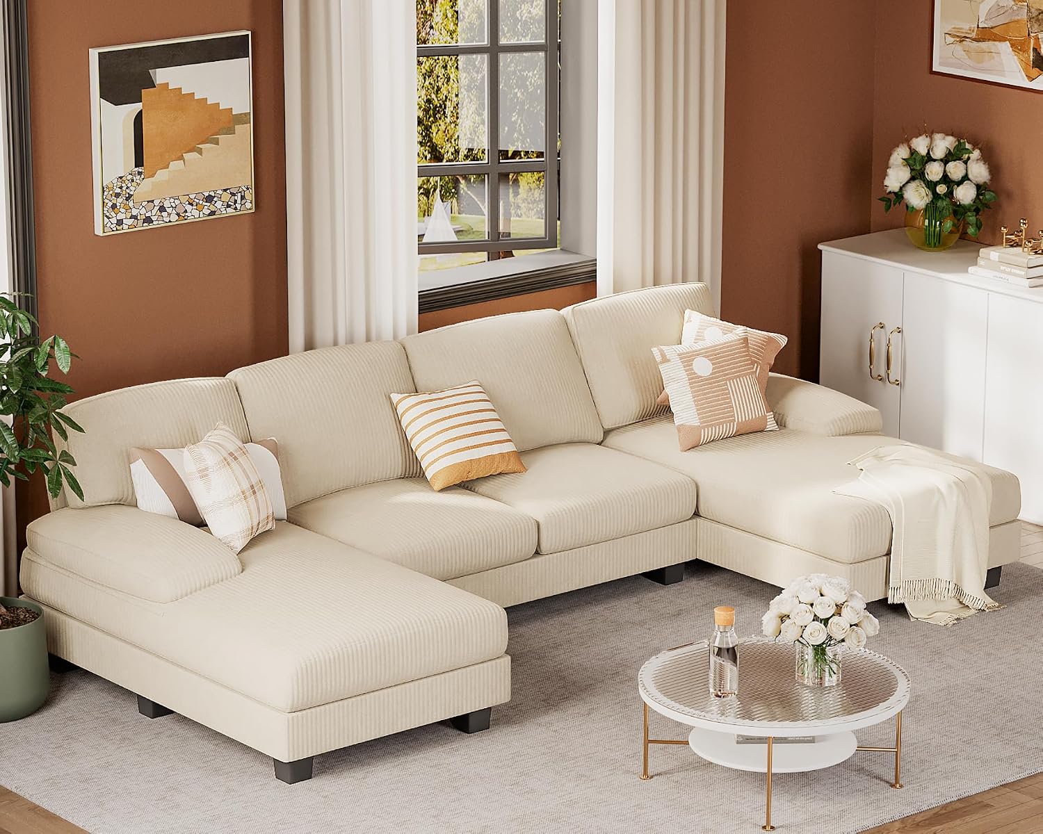 JUMMICO Sectional Couches for Living Room, U Shaped Couch with Chenille Fabric, 4 Seat Modern Sofa with Removable Pillows for Apartment and Small Space (Corduroy, Beige)