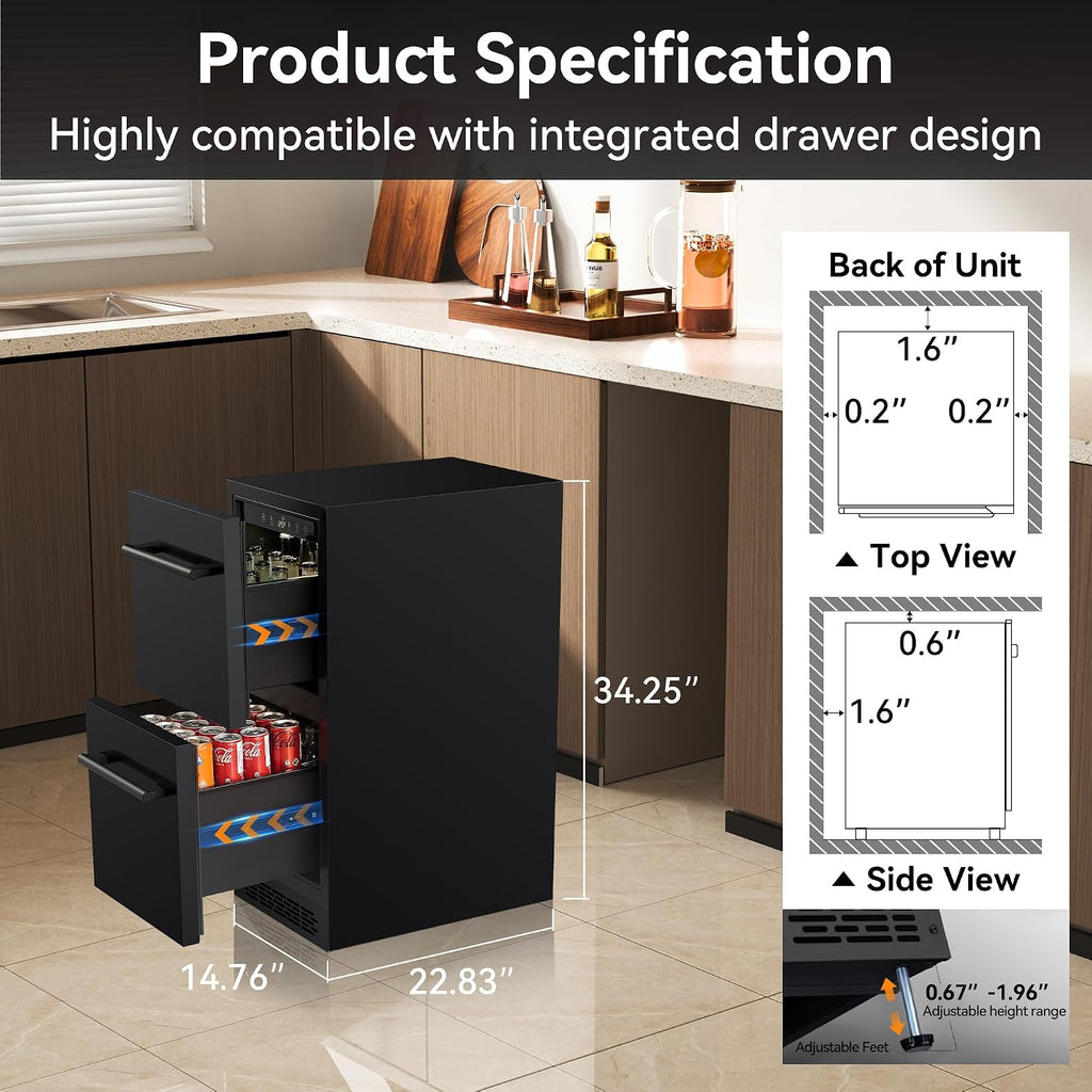 15 Inch Double Drawer Beverage Refrigerator, 3.39 Cu.Ft. Under Counter Fridge, Waterproof All Black Stainless Steel Beverage Fridge,low noise Rapid cooling for Indoor, Outdoor, Kitchen, Patio