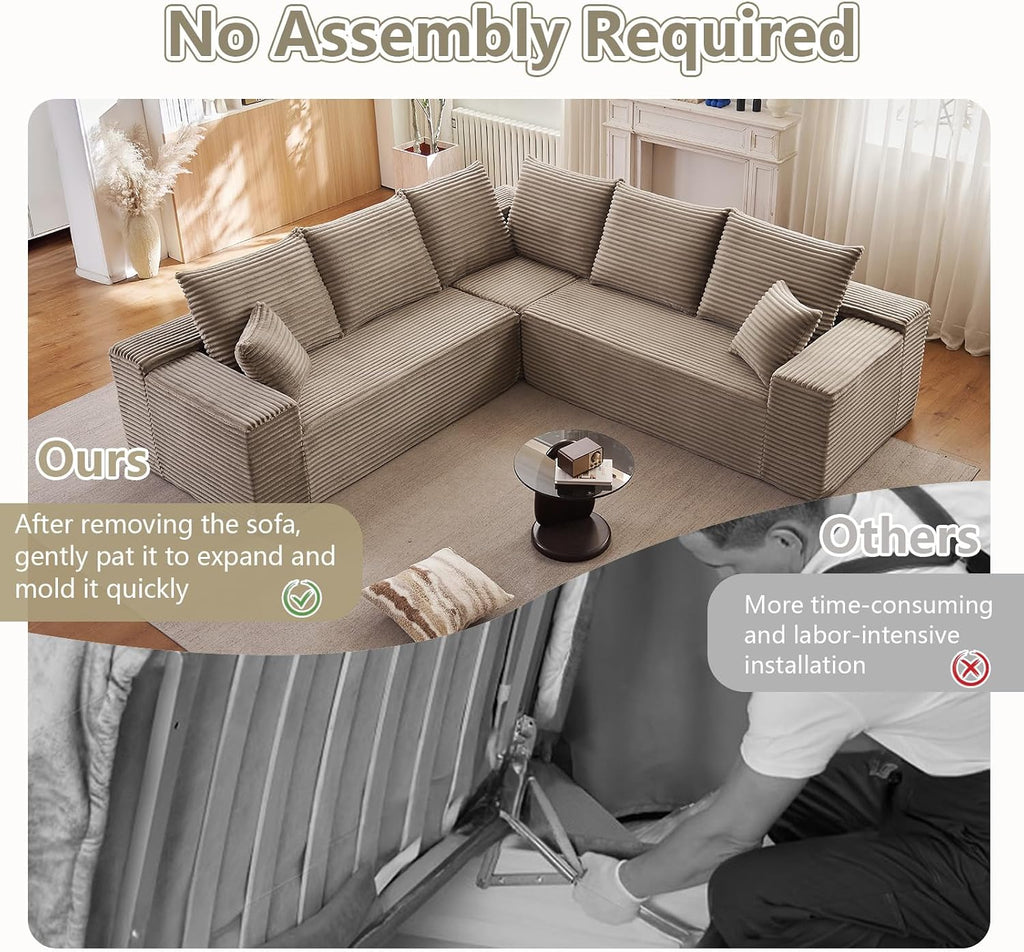 Sectional Cloud Couch for Living Room, Modern Modular Floor Deep-Seat Sofa, Upholstered L Shaped Sofas, Big Comfy Corduroy Couches Set for Living Room Bedroom, No Assembly Required, Camel