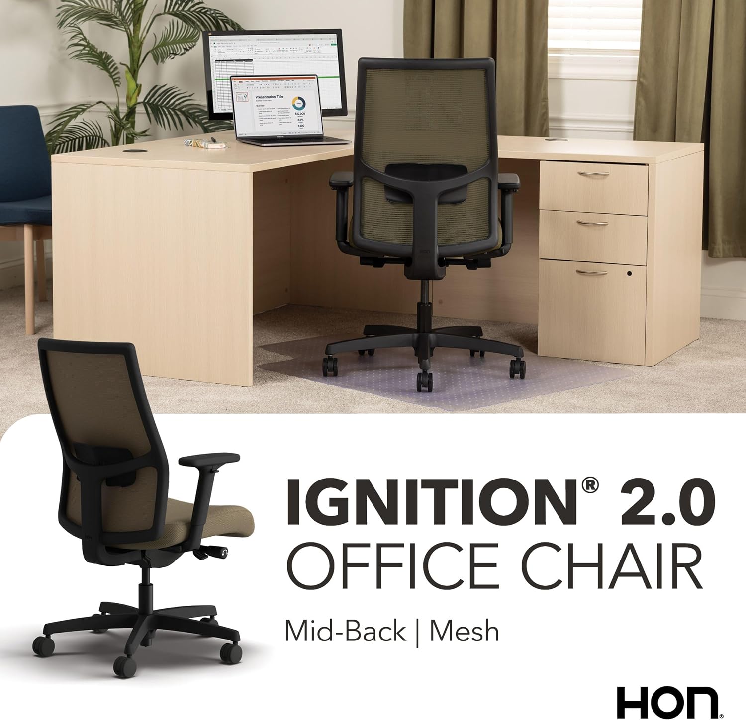 HON Ignition 2.0 Mid‑Back Ergonomic Office Chair, Mesh Task Seating with Lumbar Support, Advanced Synchro‑Tilt, Height and Width Adjustable Arms, Black Frame, Quicksand