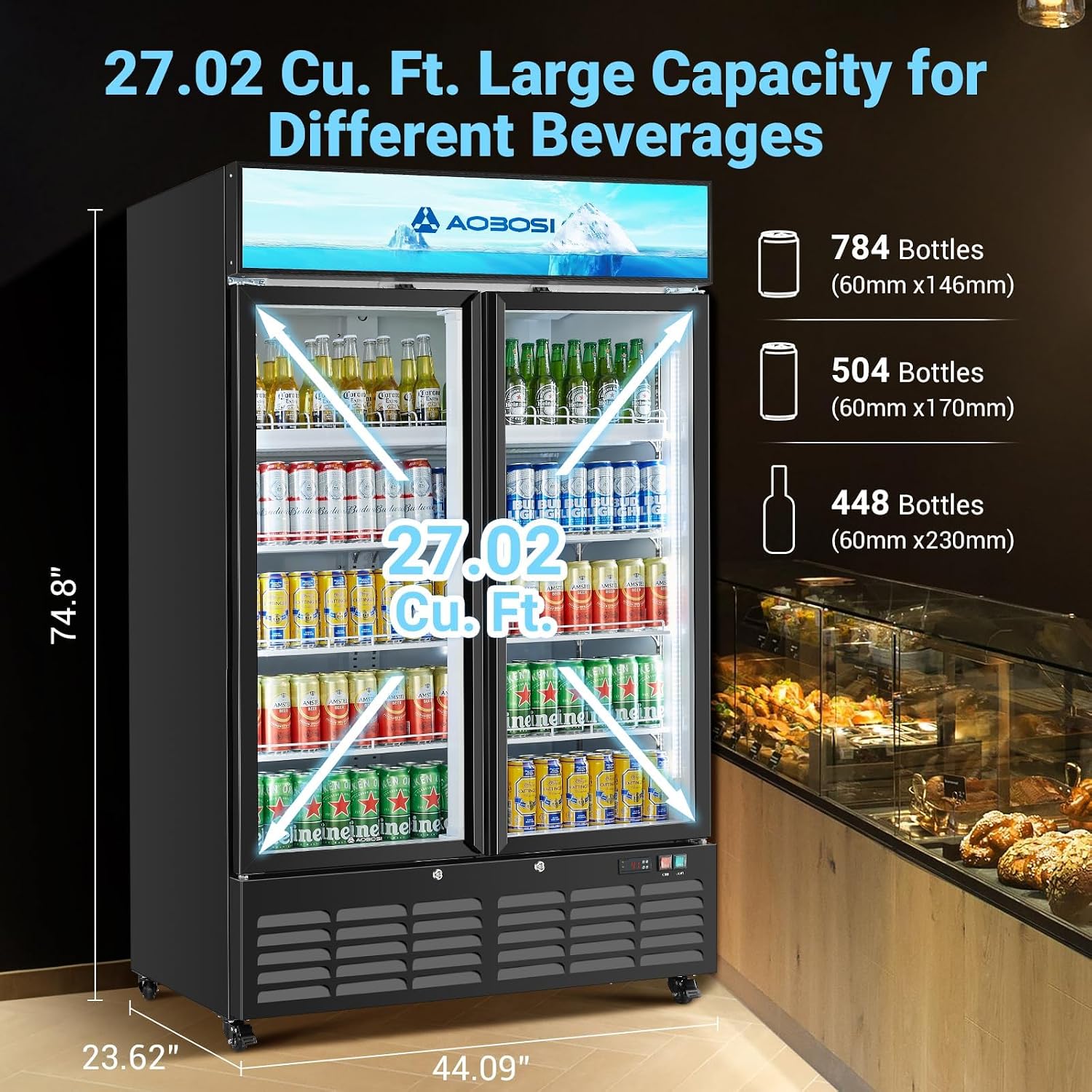 AAOBOSI 44'Commercial Merchandiser Refrigerator,27.02 Cu.Ft Glass Door Display Refrigerator,Upright Beverage Fridge with Soft LED Light,Customizable Lightbox,Universal Casters,Adjustable Shelves