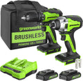 Greenworks 24V Brushless 310 in./lbs Drill / Driver + 2650 in./lbs Impact Driver Combo Kit, (2) USB (Power Bank) Batteries and Dual Port Charger Included LED Light, 2pcs Driving Bits with Tool Bag