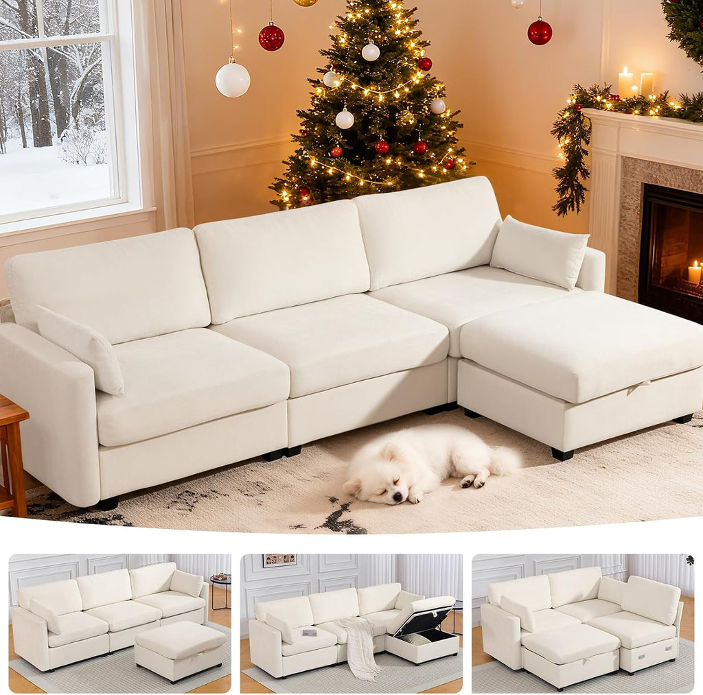 Vogue Furniture Direct 109'' Modular Sectional Sofa, L Shaped Couch with Storage Ottoman, Comfy Cloud Sofa with Deep Seat, 4 Seat Convertible Sectional Couches for Living Room (Beige, Low Legs 1.97')