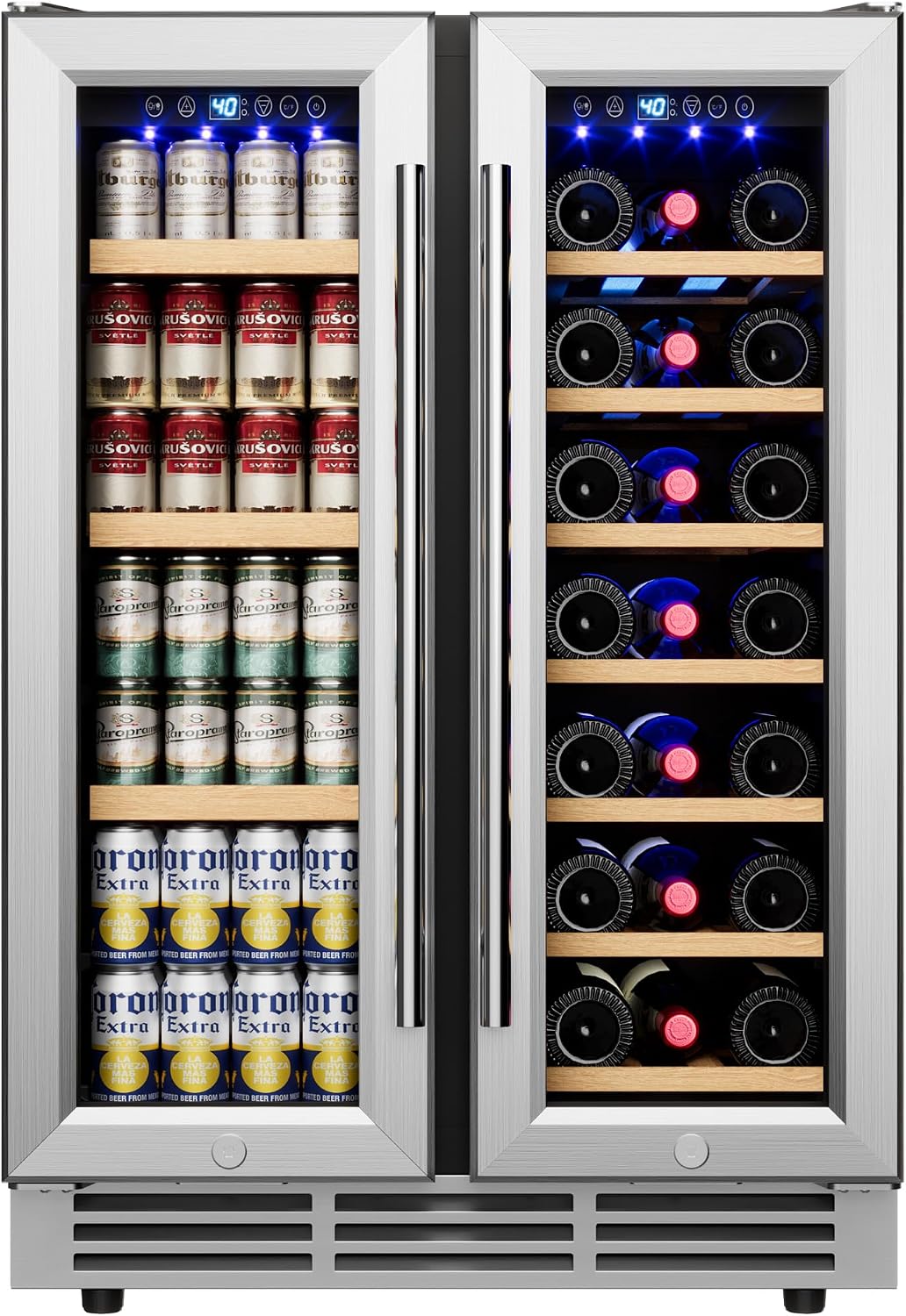 Icyglee 24' Wine and Beverage Refrigerator, Dual Zone Wine Cooler with Glass Door, Hold 88 Cans & 21 Bottles, Built in or Freestanding Under Counter Wine Fridge with Blue LED Light.