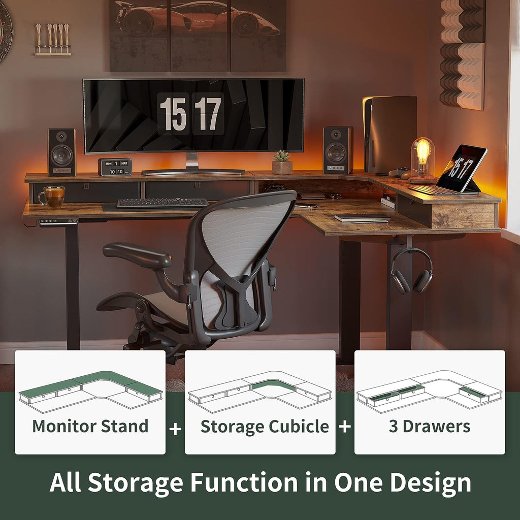 FEZIBO L Shaped Standing Desk with Drawers, Exclusive Upgraded 3 Motors Support 330LBS, Electric Height Adjustable L Standing Desk with Large Monitor Stand, Rustic Brown