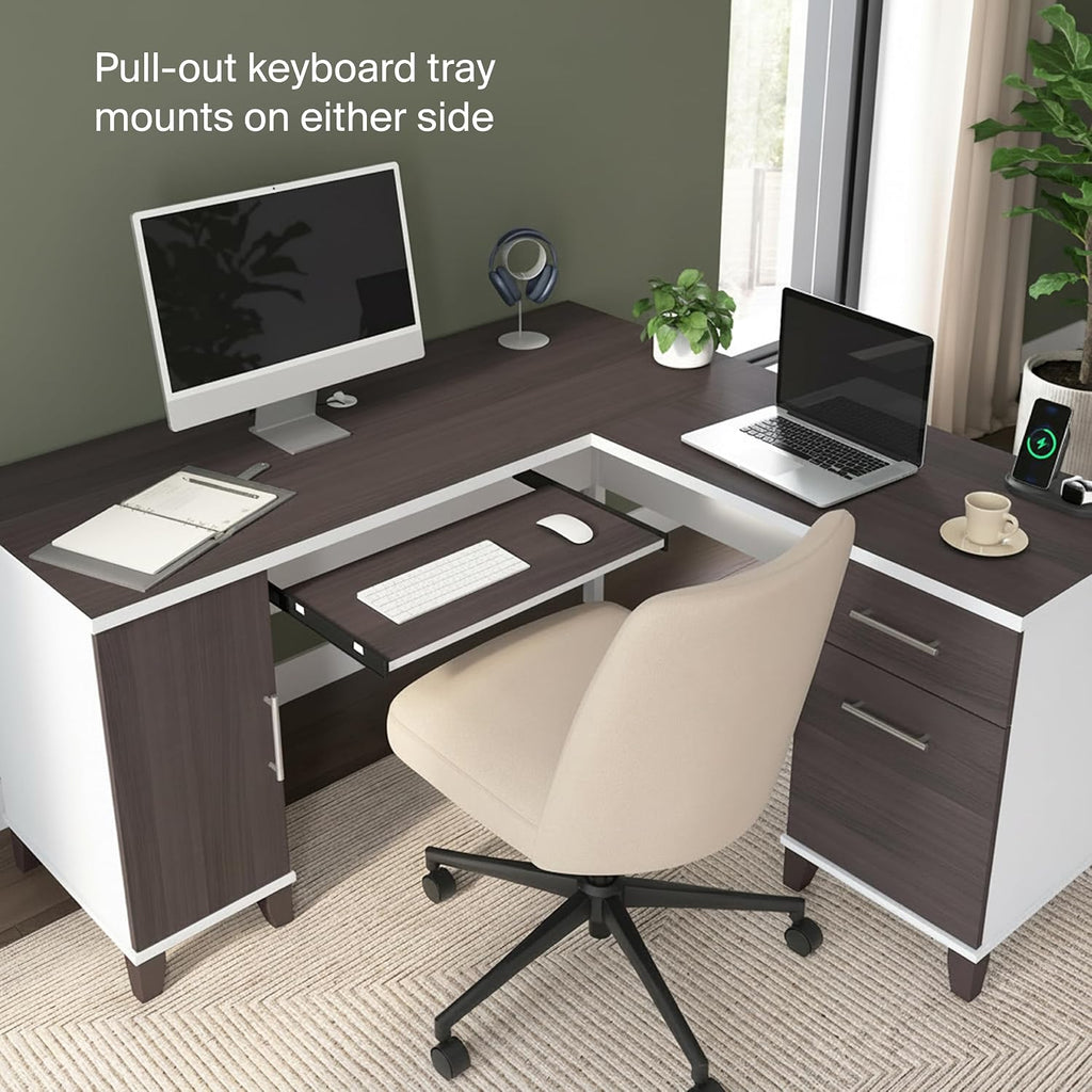 Bush Home 60-Inch L-Shaped Desk with Storage, Corner Computer Office Desk with Drawers and Storage Cabinet, Home Office Furniture, Somerset Collection, Storm Gray and White