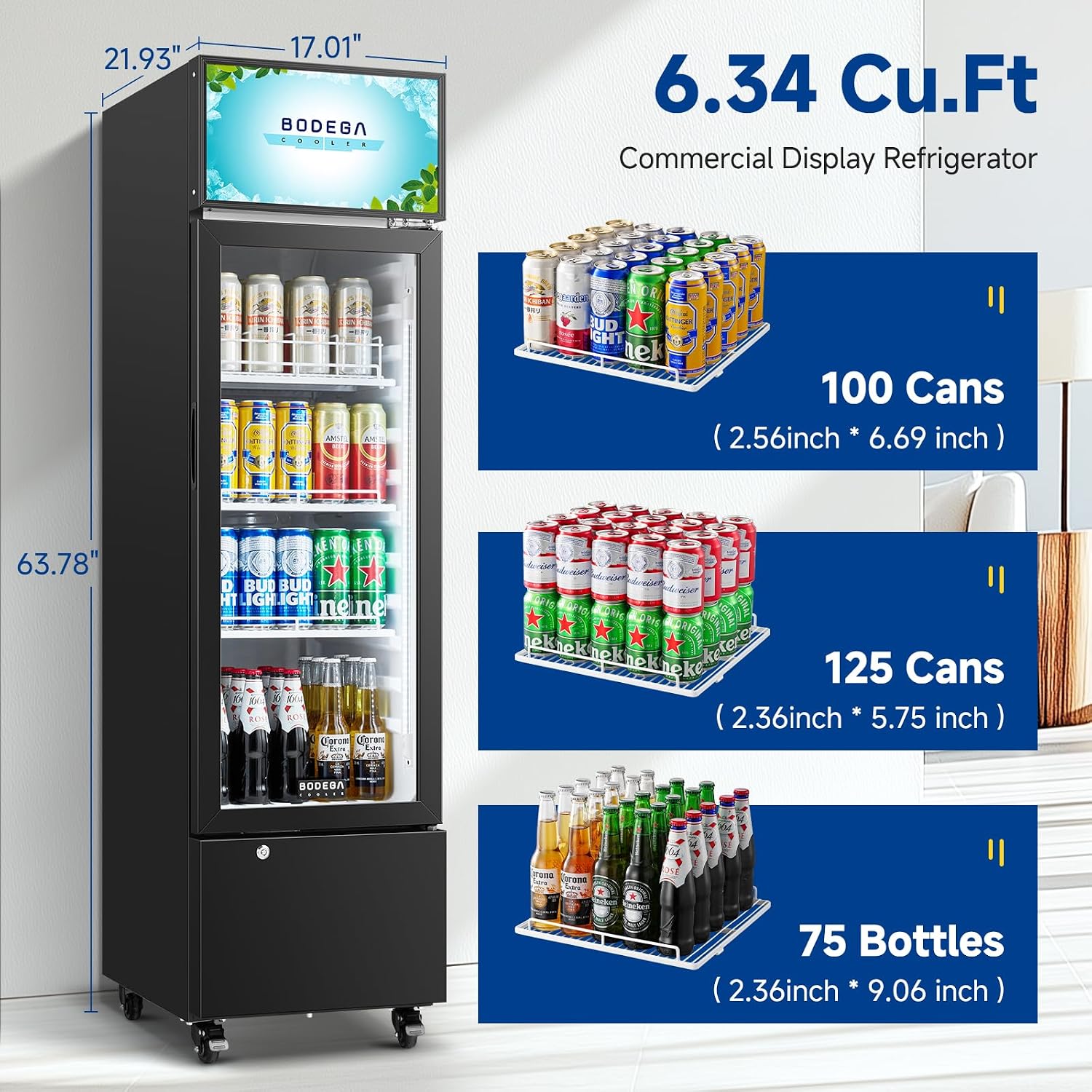 BODEGA BODEGACOOLER Commercial Drink Fridge with Glass Door, Tall Beverage Cooler for Beer, Soda, Single Door Display Refrigerator, 6.34 Cu.Ft Capacity