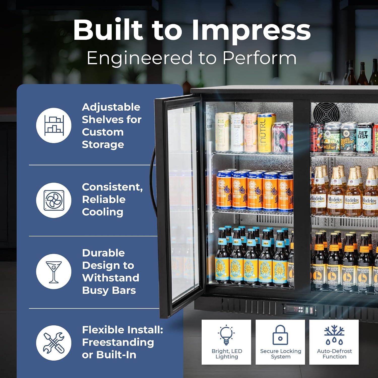 Procool 2-Door Counter Height Beverage Refrigerator - 36' Wide Energy Efficient Black Bar Fridge With Glass Doors & LED Lighting - Commercial Back Bar Cooler