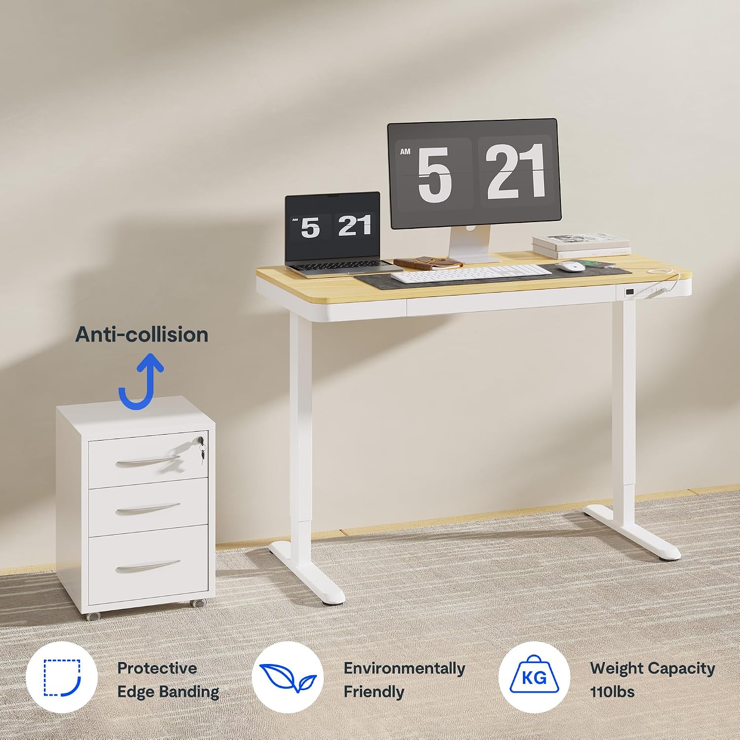 FLEXISPOT Comhar Electric Standing Desk with Drawers Charging USB Port, Height Adjustable 48' Whole-Piece Quick Install Home Office Computer Laptop Table with Storage (Maple Top + White Frame)