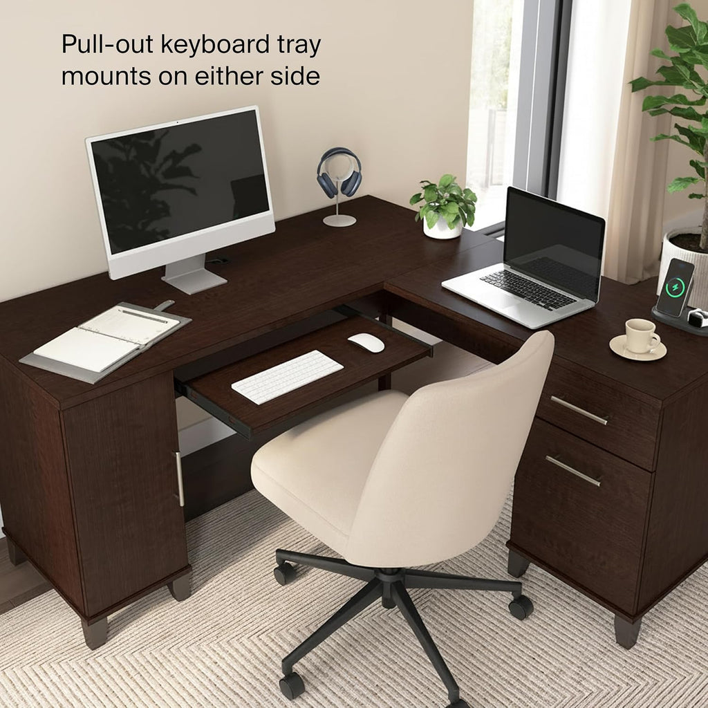 Bush Home 60-Inch L-Shaped Desk with Storage, Corner Computer Office Desk with Drawers and Storage Cabinet, Home Office Furniture, Somerset Collection, Mocha Cherry