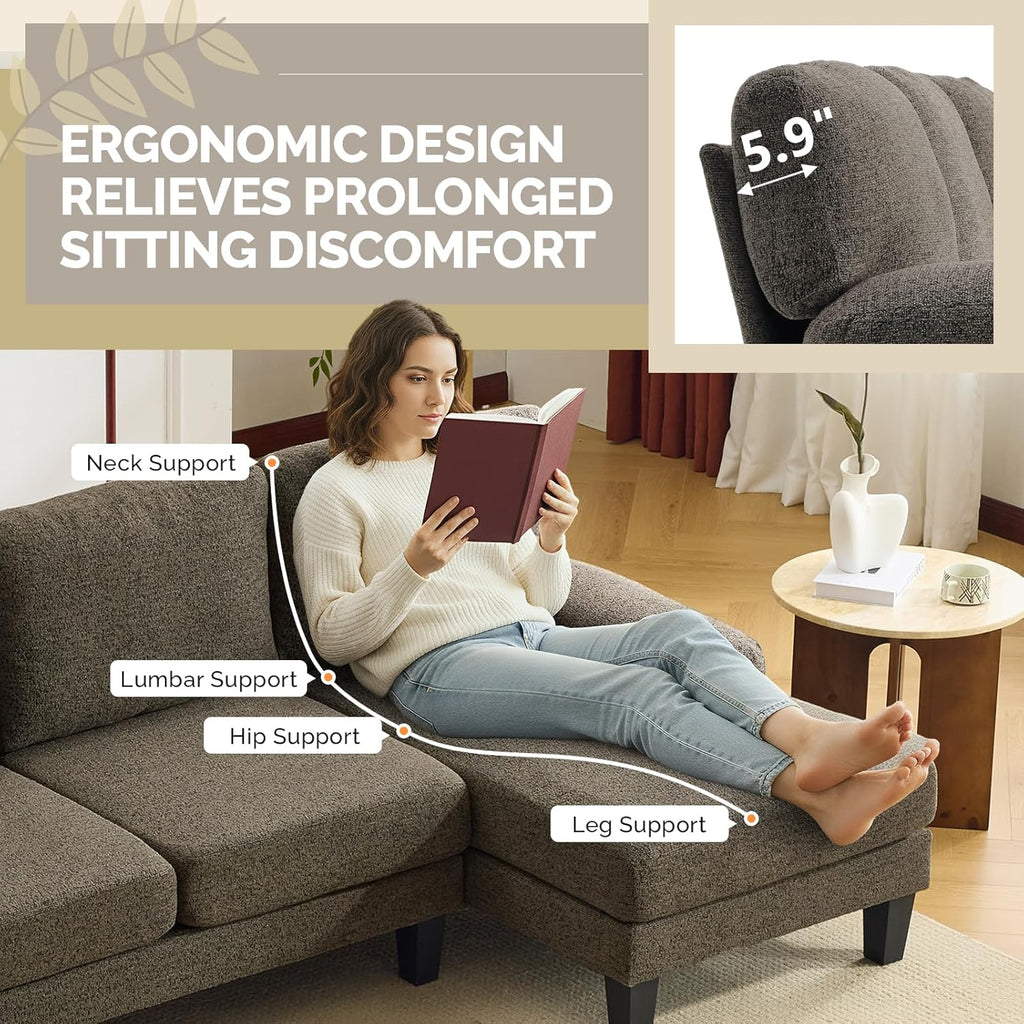 VINGLI 110' U-Shaped Sectional Couch with Two Chaise, Affordable Small Sofa with 4 Seats, Chenille Fabric Comfy Couches for Living Room, Dark Brown