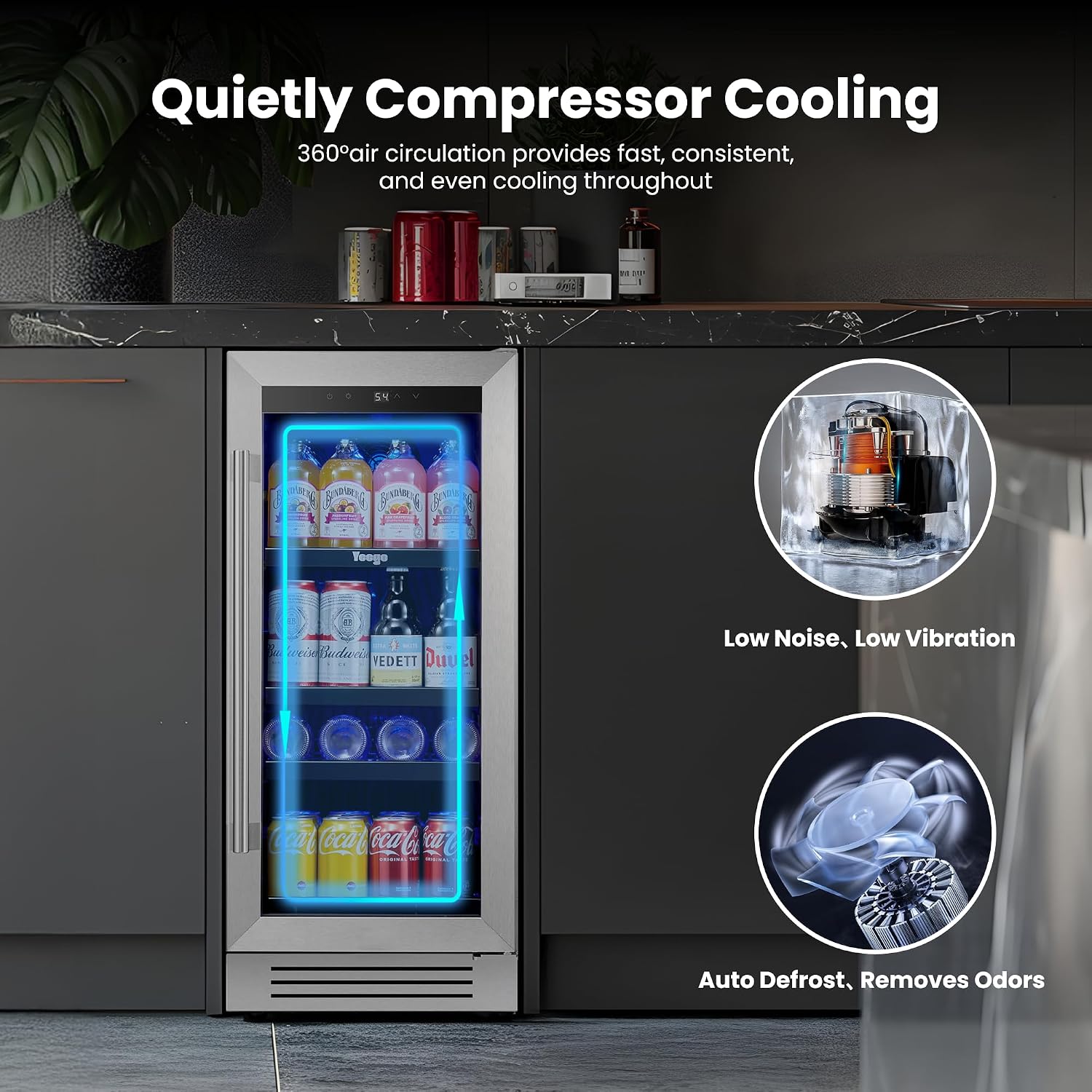Yeego 15 Inch Beverage-Refrigerator, Beverage Cooler Stainless Steel Refrigerator Built-in or Freestanding, Small Wine Fridge with Glass Door, Drink Fridge for Beer, Soda, Wine