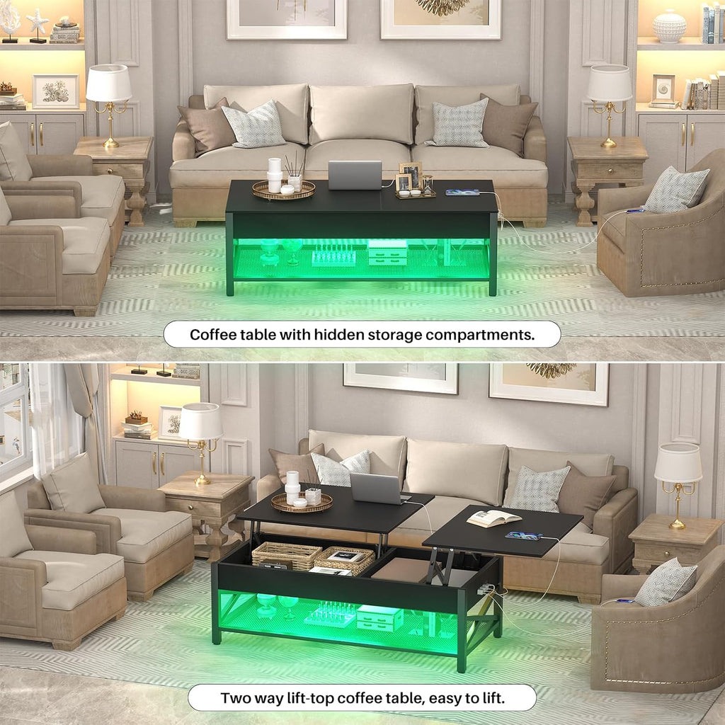 Aheaplus Black Lift-Top Coffee Table with LED Light, Power Outlets and Storage Shelf, 41.7'W x 19.69'L x 19.7'H