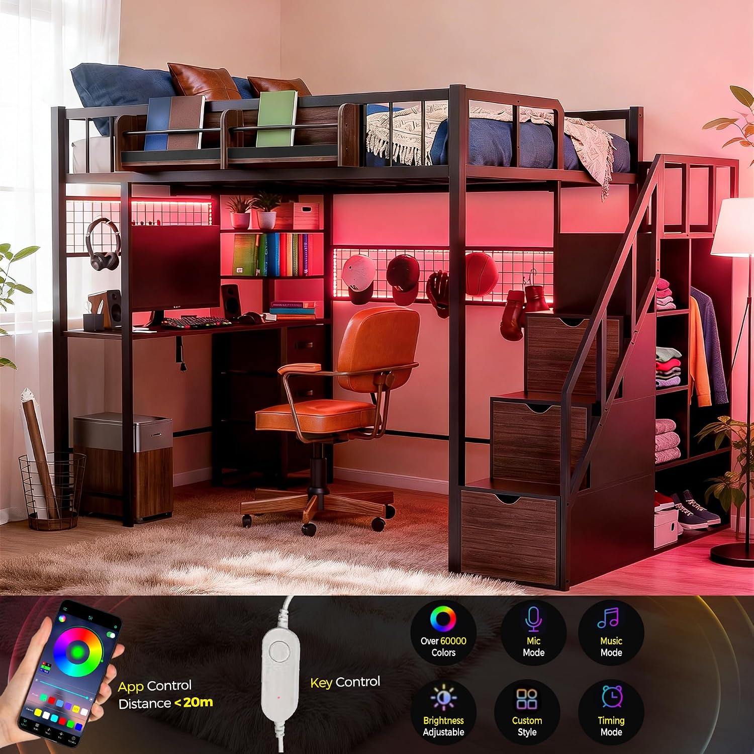 Full Size Loft Bed with Desk and Stairs, Headboard, Wardrobe, Bedside Storage Shelf, 6 Drawers, Charging Station & LED Light, Metal Gaming Loft Bed Frame for Adult Space-Saving, Black & Walnut