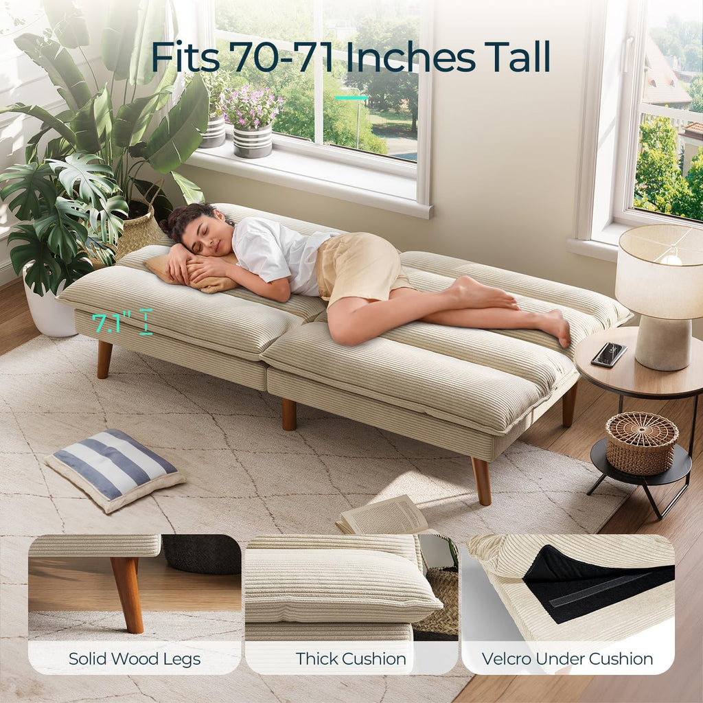 LINSY HOME Futon Sofa Bed - Convertible Corduroy Futon Couch Bed with Adjustable Backrest, Modern Small Loveseat Sleeper Sofa for Small Spaces, Living Room, Apartment or Office (Beige)
