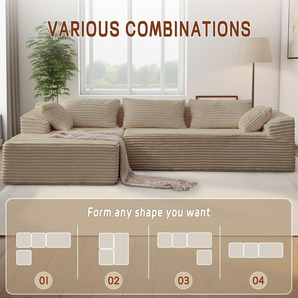 Korser 110' L-Shaped Modular Sectional Sofa with Chaise, Boneless Comfy Corduroy Fluffy Couch with Deep Seat and Side Pockets, Flexible Module Combination for Living Room, No Assembly, Side Pockets