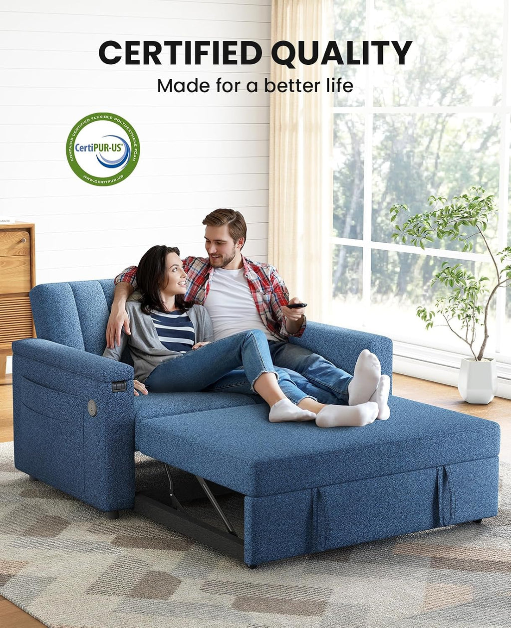 Marsail 3-in-1 Convertible Sofa Bed, 54' Sleeper Sofa with Solid Wood Side Table & Frame, Pull-Out Couch with USB Ports & Side Pockets, Loveseat Sofa with Adjustable Backrest, Blue