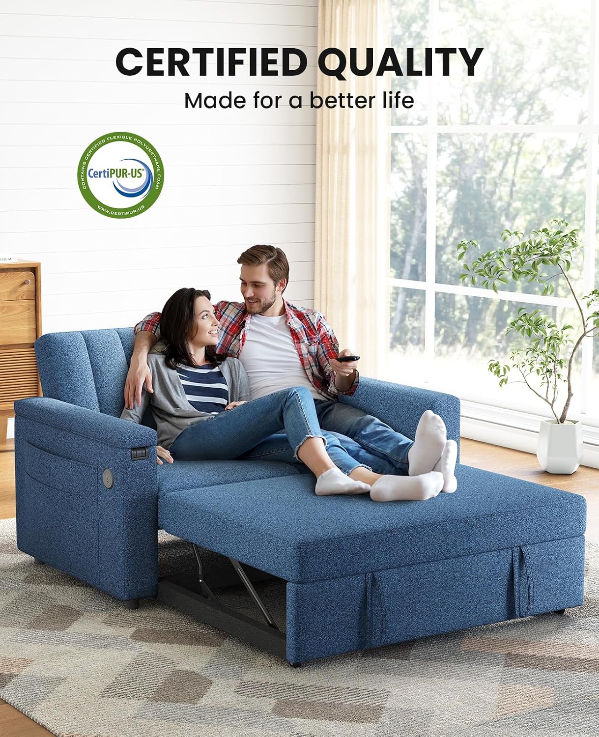 Marsail 3-in-1 Convertible Sofa Bed, 54' Sleeper Sofa with Solid Wood Side Table & Frame, Pull-Out Couch with USB Ports & Side Pockets, Loveseat Sofa with Adjustable Backrest, Blue