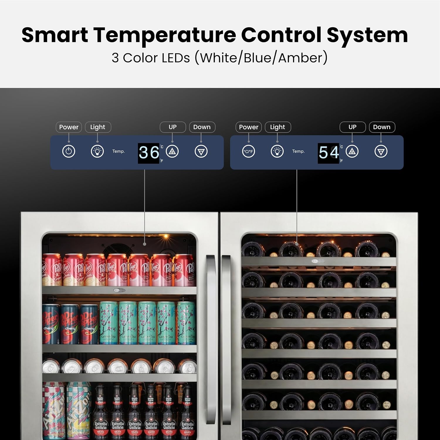 Whynter 48 inch Wine Fridge Cooler 54 Bottles 140 Cans Wine Refrigerator Under Counter with Glass Door 3 LED Built-in or Freestanding Fridge Adjustable Shelves for Home Bar Kitchen 11.3 cu.ft