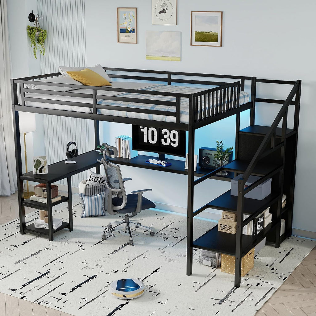 Queen Size Loft Bed with Desk and Stairs, Gaming Loft Bed with RGB LED Light and Storage, Heavy-Duty Metal Loft Beds Frame with Wardrobe, Shelves and Charging Station for Adults Kids Teens, Black