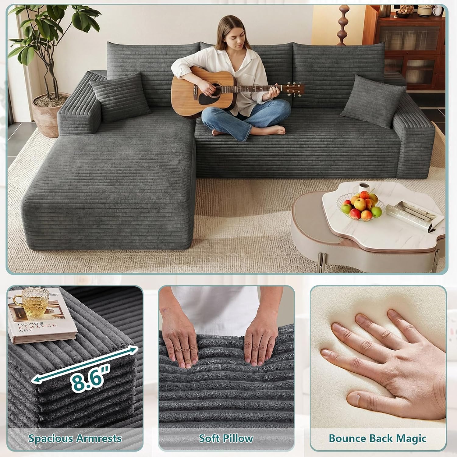 95' Modular Sectional Couch, Boneless L Shaped Cloud Sofa with Chaise Lounge, Corduroy Upholstered Couches Memory Foam Deep Seat, No Assembly Required, Ideal for Living Room(Dark Gray, Left Facing)