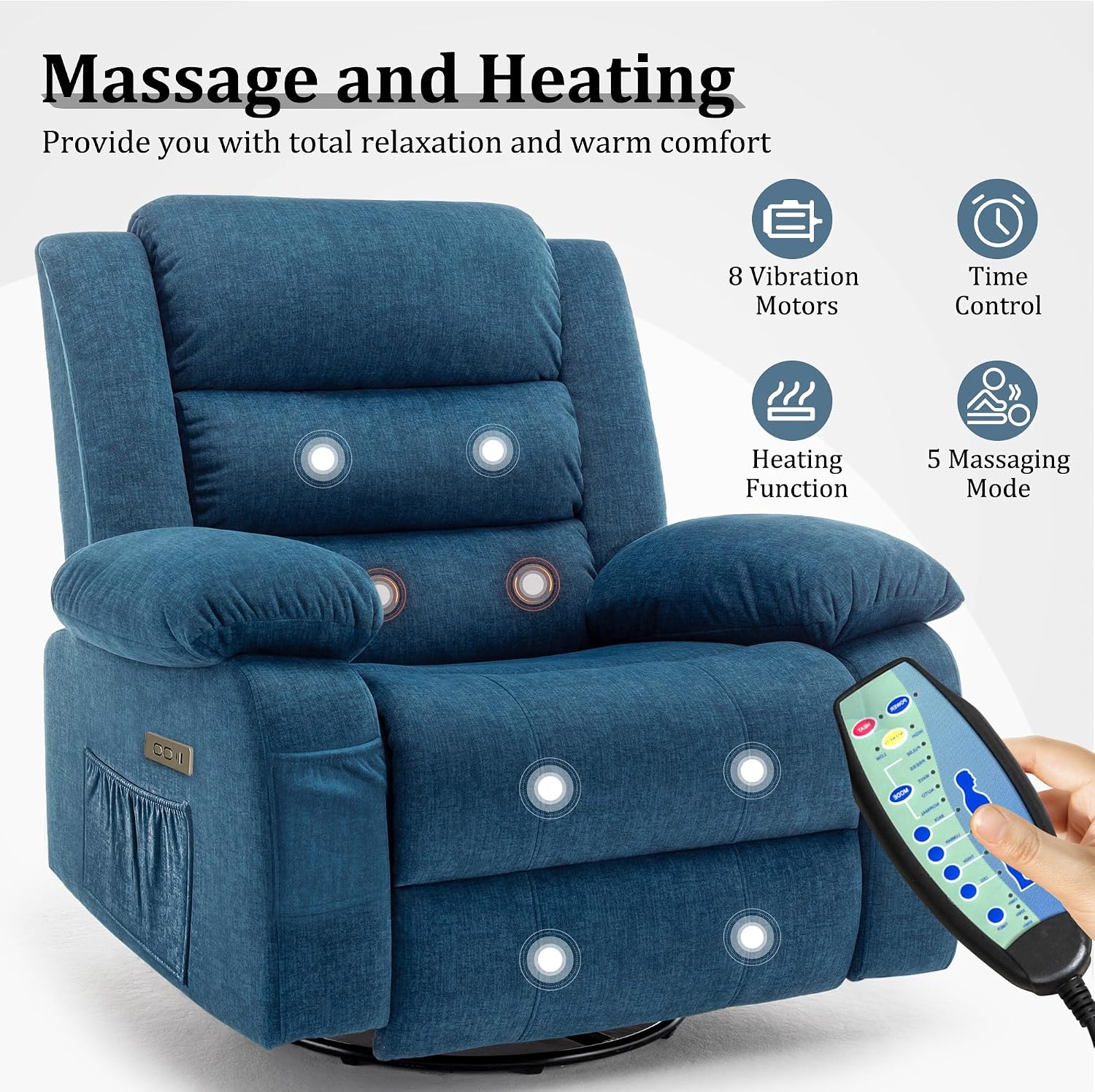 Korser Power Recliner Chair, Electric Rocker Recliner with Massage and Heat, 270° Swivel Glider, Oversized Wide Seat with USB Port, Cashmere Nursery Chair for Living Room, Blue