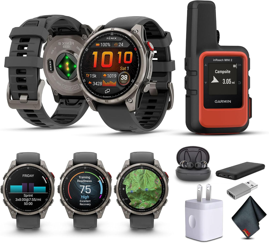 Garmin Fenix 8 Pro, 47mm, AMOLED Display, Multisport Fitness GPS Smartwatch, Sapphire, Titanium with Graphite/Black Silicone Band Wilderness Bundle with inReach Mini 2 Satellite Communicator and More