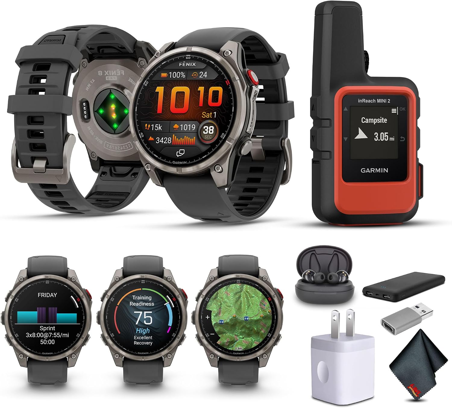 Garmin Fenix 8 Pro, 47mm, AMOLED Display, Multisport Fitness GPS Smartwatch, Sapphire, Titanium with Graphite/Black Silicone Band Wilderness Bundle with inReach Mini 2 Satellite Communicator and More