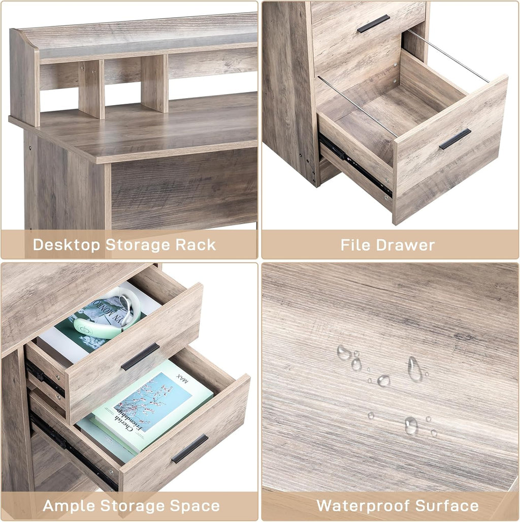 Karl home Grey Computer Desk with Drawers ＆ Hutch, Modern Home Office Desks with Storage for Kids Students Teens, Small Wood Table for Work Study Gaming Writing, PC Laptop Workstation