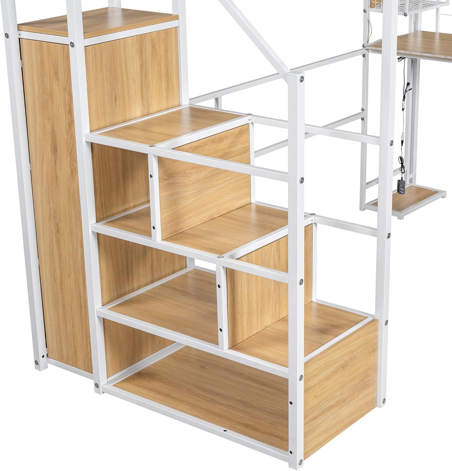 Metal Twin Size Loft Bed with Desk and Stairs,Heavy Duty Loft Bed Frame with Wardrobe and LED Lights,Loft Bed Twin Size with Storage Shelves for Kids,Teens,Adults,Space Saving,White