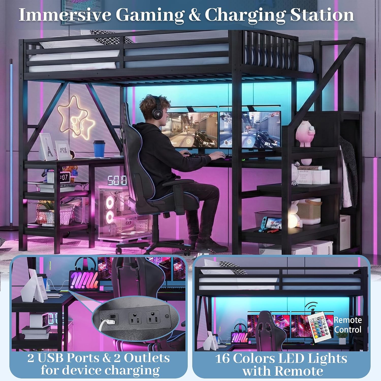 Full Size Loft Bed with Desk & Stairs, Metal Loft Bed Frame with Storage Shelves, Charging Station & LED Light, Gaming Loft Beds with Wardrobe for Kids Teens Adults, Black
