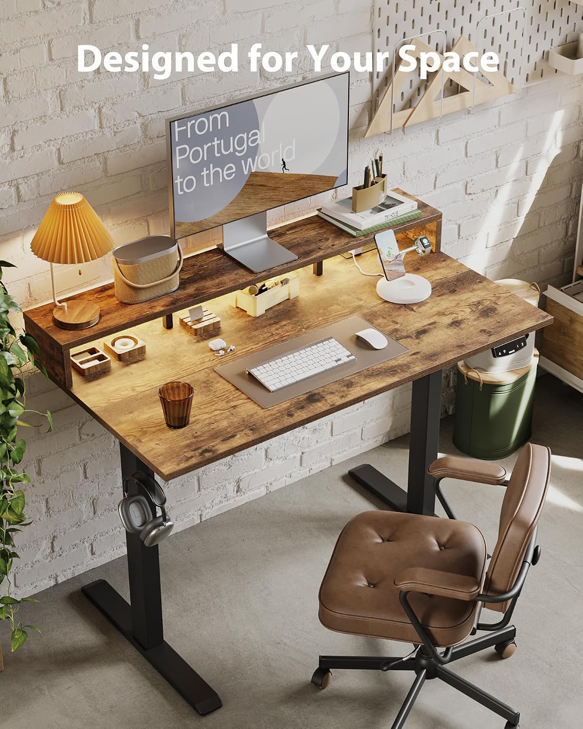 Agilestic 48x24 Inch Electric Standing Desk with Shelf, Height Adjustable Desk with Power Outlet & LED, Sit Stand Up Table with Monitor Stand, Computer Workstation, Rustic Brown
