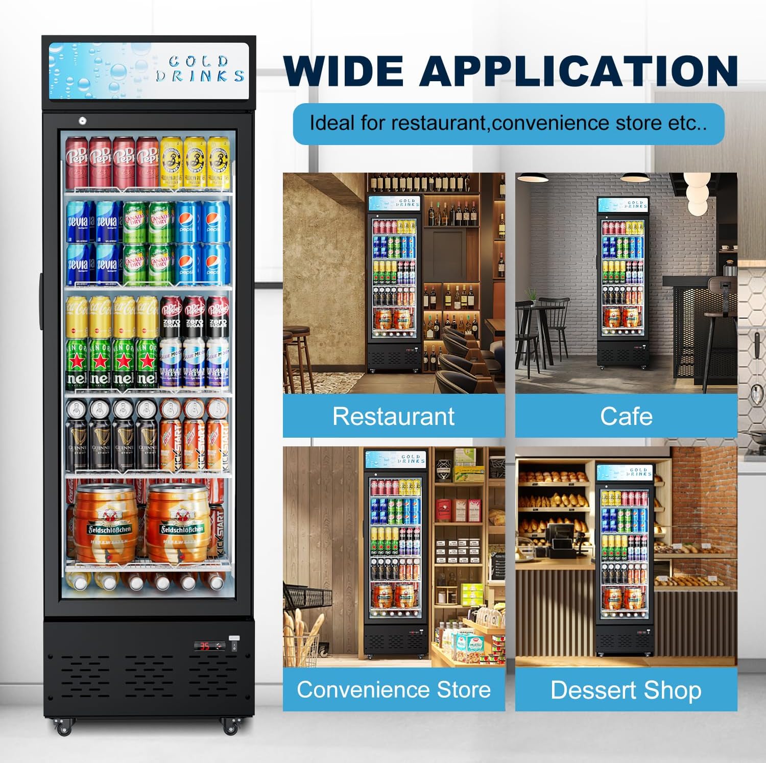 20.8''W Commercial Refrigerators, 11 Cu.ft. Glass Door Beverage Refrigerators Commercial Fridge Upright Display Cooler with Soft LED Light and Adjustable Shelves for Restaurant Grocery Stores