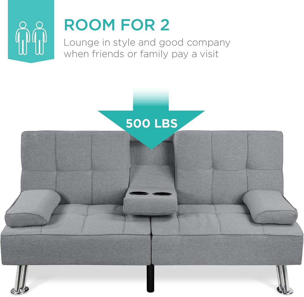 Best Choice Products Linen Modern Folding Futon, Reclining Sofa Bed for Apartment, Dorm w/Removable Armrests, 2 Cupholders - Gray