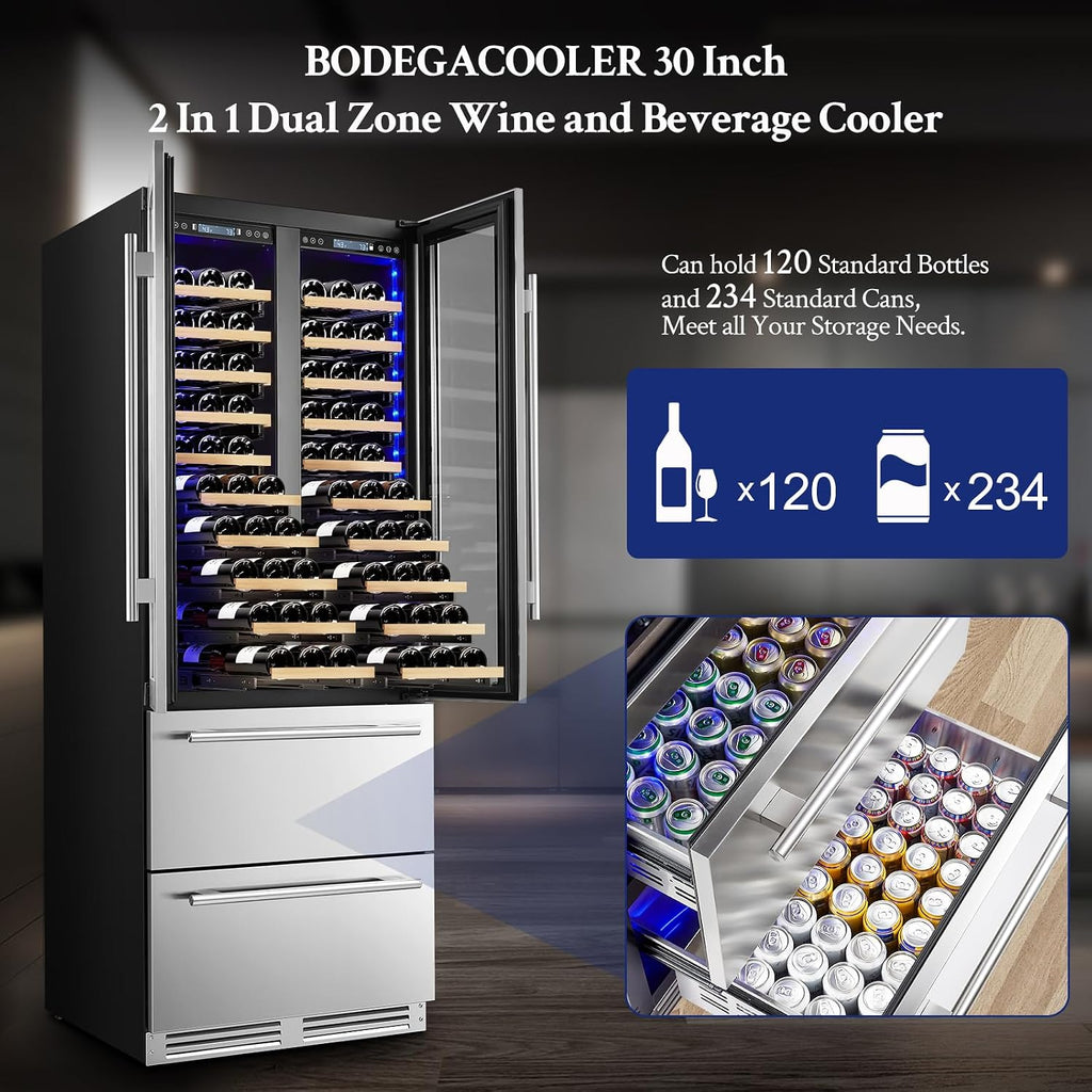 BODEGA BODEGACOOLER Wine and Beverage Refrigerator, 30 Inch 2 IN 1 Dual Zone Wine Cooler,Built-in or Freestanding Beverage Cooler, Soft LED Light Hold 120 Bottles and 234 Cans