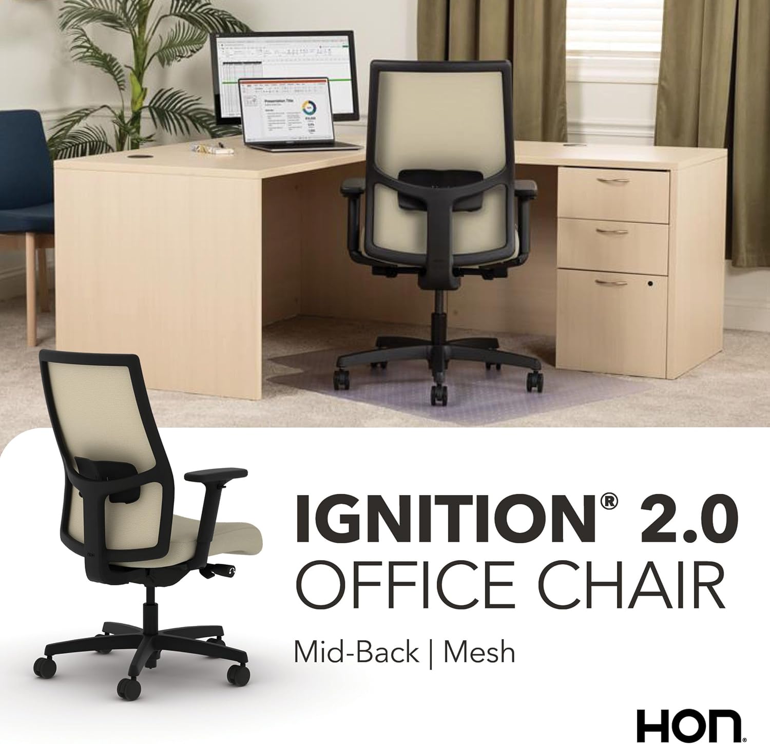 HON Ignition 2.0 Mid Back Task Chair, Spectrum Mesh, Advanced Synchro-Tilt Control, Office Chair with Lumbar Support, Height and Width Adjustable Arms, Black Frame, Linen