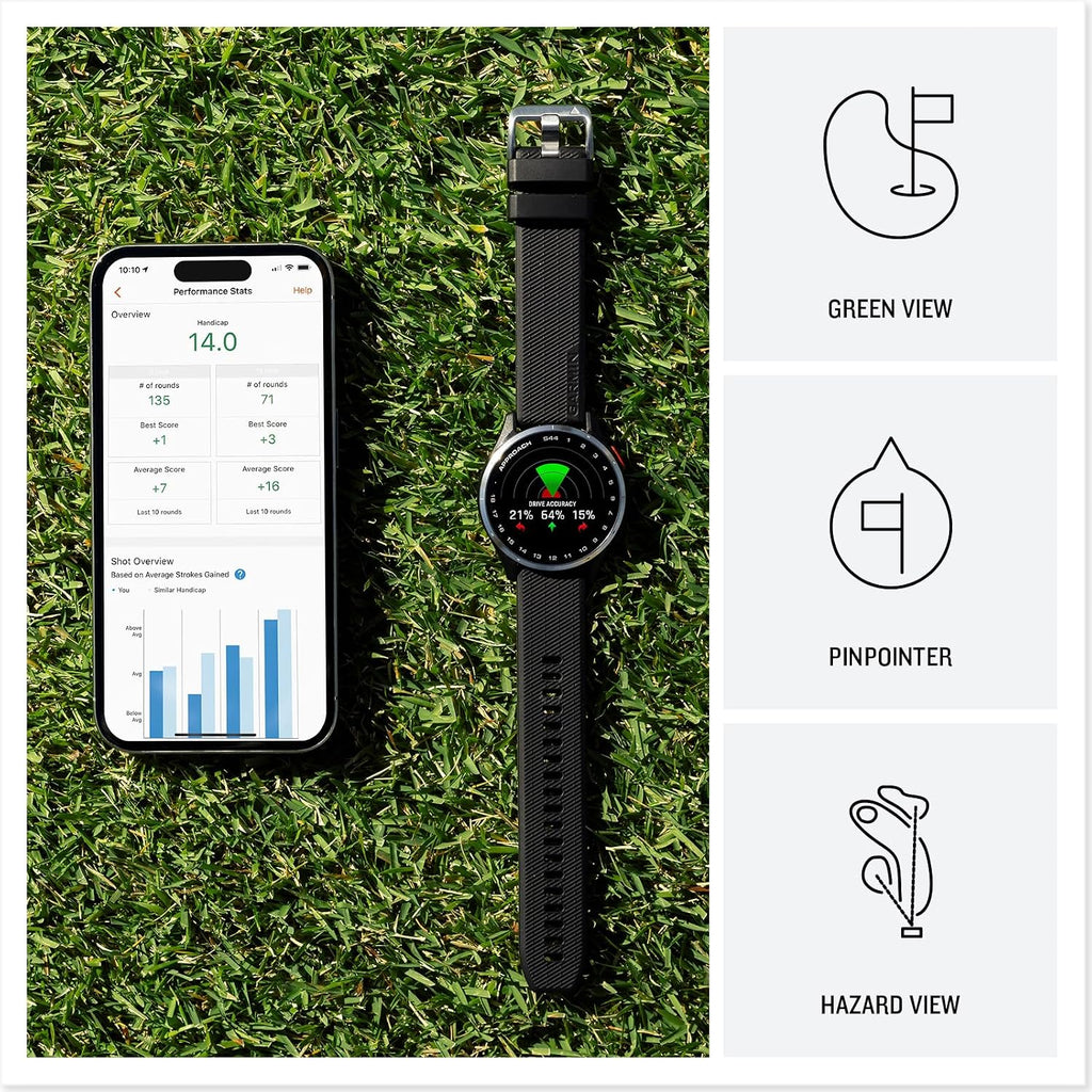 Garmin Approach S44 Essential GPS Golf Watch | AMOLED Display | with Signature Stand Power Bundle