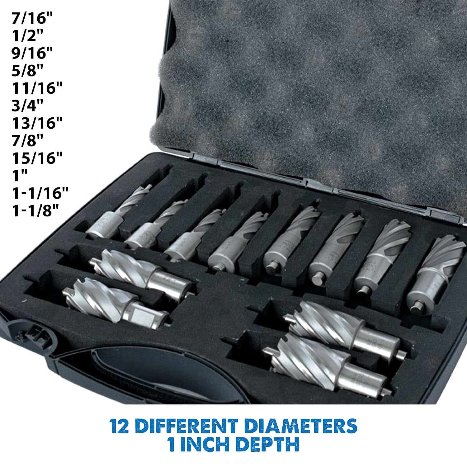 Evolution Power Tools Annular Cutter Kit for Magnetic/Mag Drills, 1 Inch Depth Drill Bit, Mixed Width 7/16 to 1-1/8 Inch, Carry Case Included, Set of 12