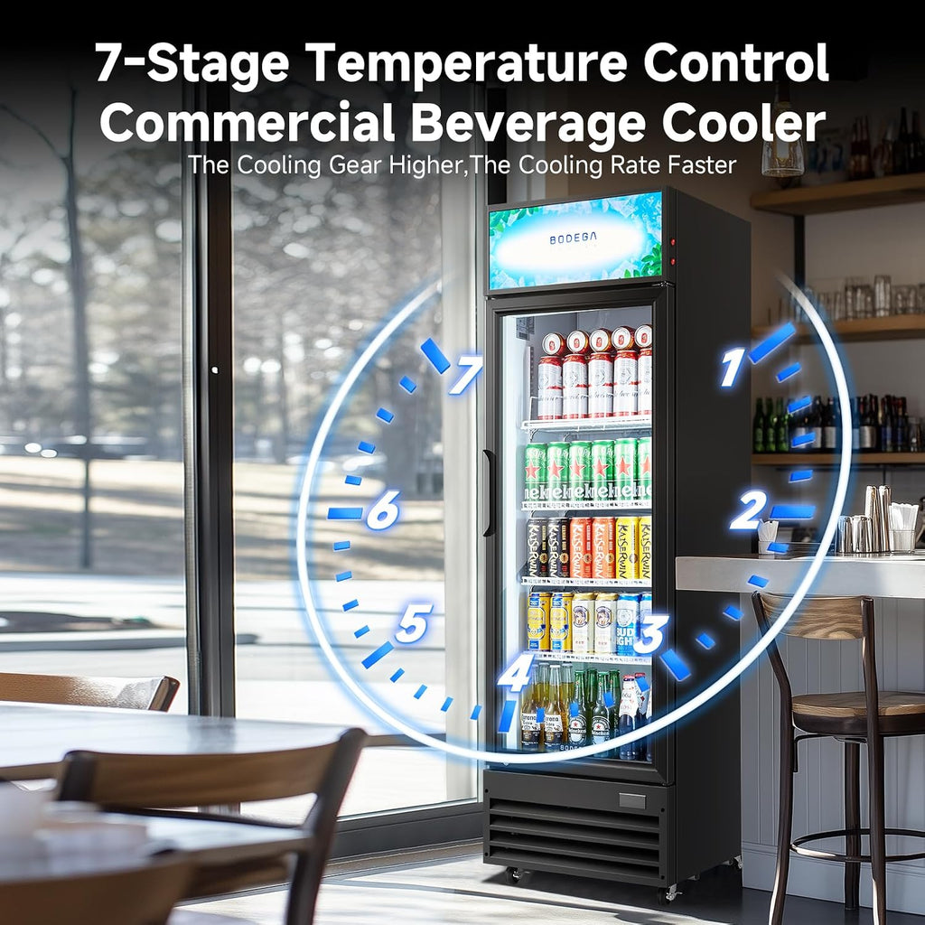 BODEGA COOLER 9 Cu. Ft Commercial Merchandiser Refrigerator with Glass Door & LED Light | Energy-Saving Beverage Display refrigerator, 32°F-50°F Temp, 4 Adjustable Shelves, Lock for Office/Bar/Kitchen