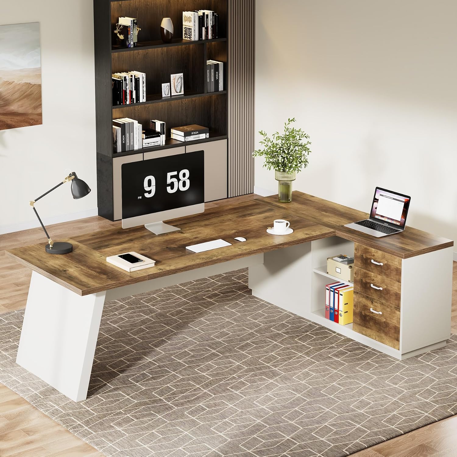 Tribesigns L-Shaped Executive Desk, 78-Inch Modern Office Desk with Drawers and Lateral File Cabinet, Large Bussiness Furniture with Storage Shelves, Workstation for Home Office (Brown + White)