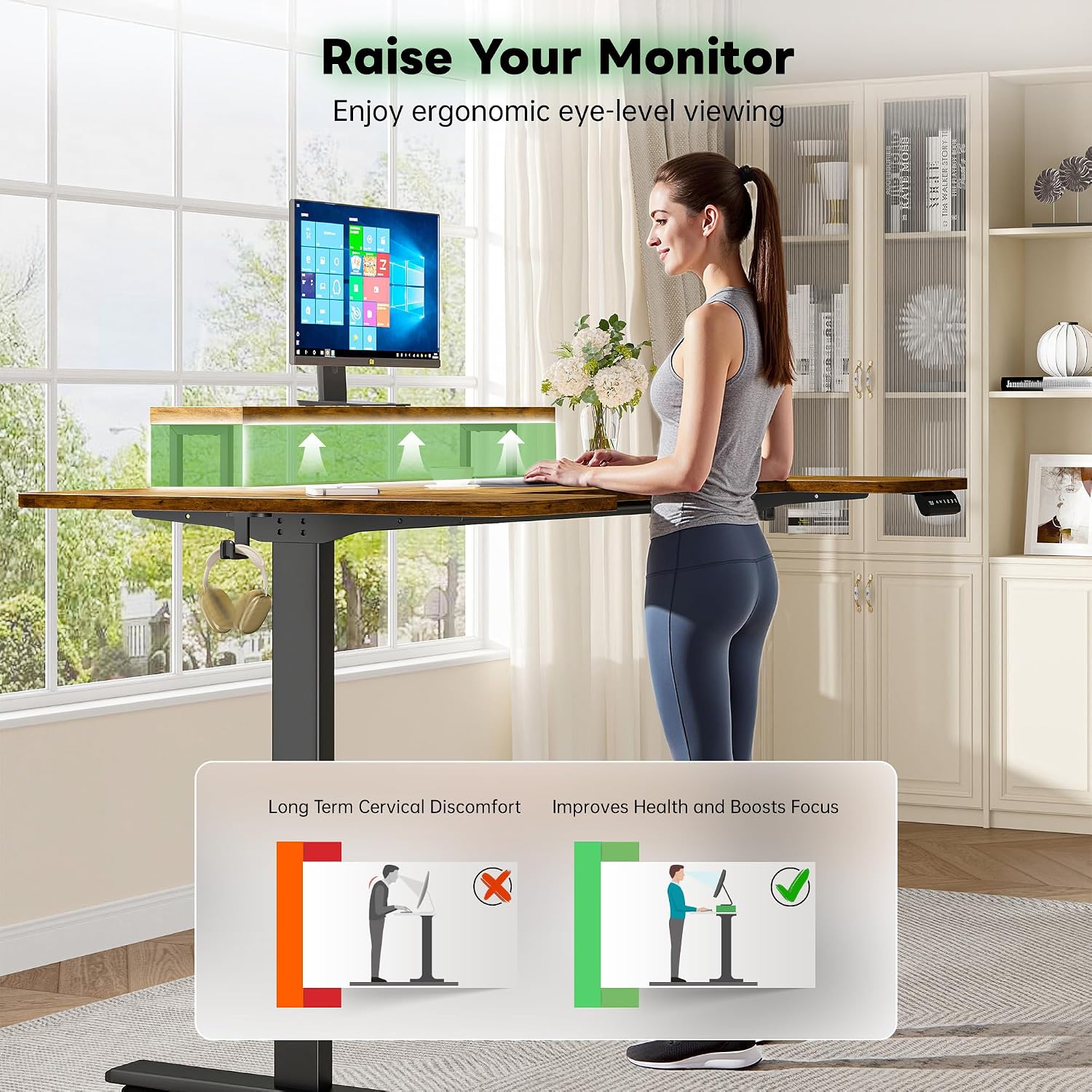 EnHomee 71 x 36 Inch U Shaped Electric Standing Desk, Height Adjustable Desk with Power Outlet, 3 Memory Height Preset, Monitor Shelf for Home Office Work Study Gaming, Brown