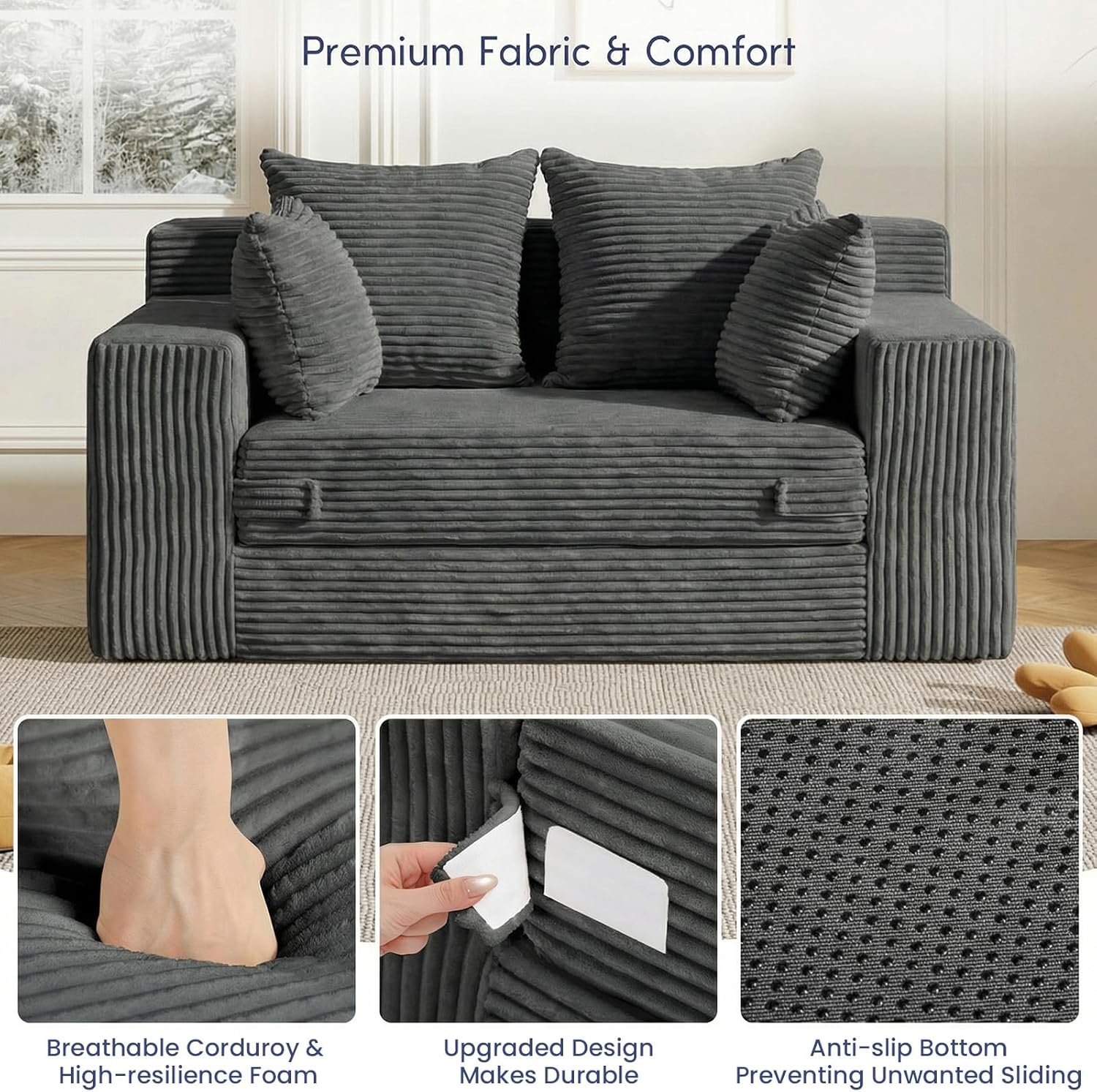cidludto Boneless Couch Loveseat Sleeper, Convertible Sofa Bed Folding Couch Bed Foldable, 2 in 1 Boneless Chair Bed & Futon Sofa Bed, Small Pull Out Sofa with 4 Pillows for Living Room, Grey | No Assembly, Convertible, 2 in 1, Pull Out Handle, 4 Pillows