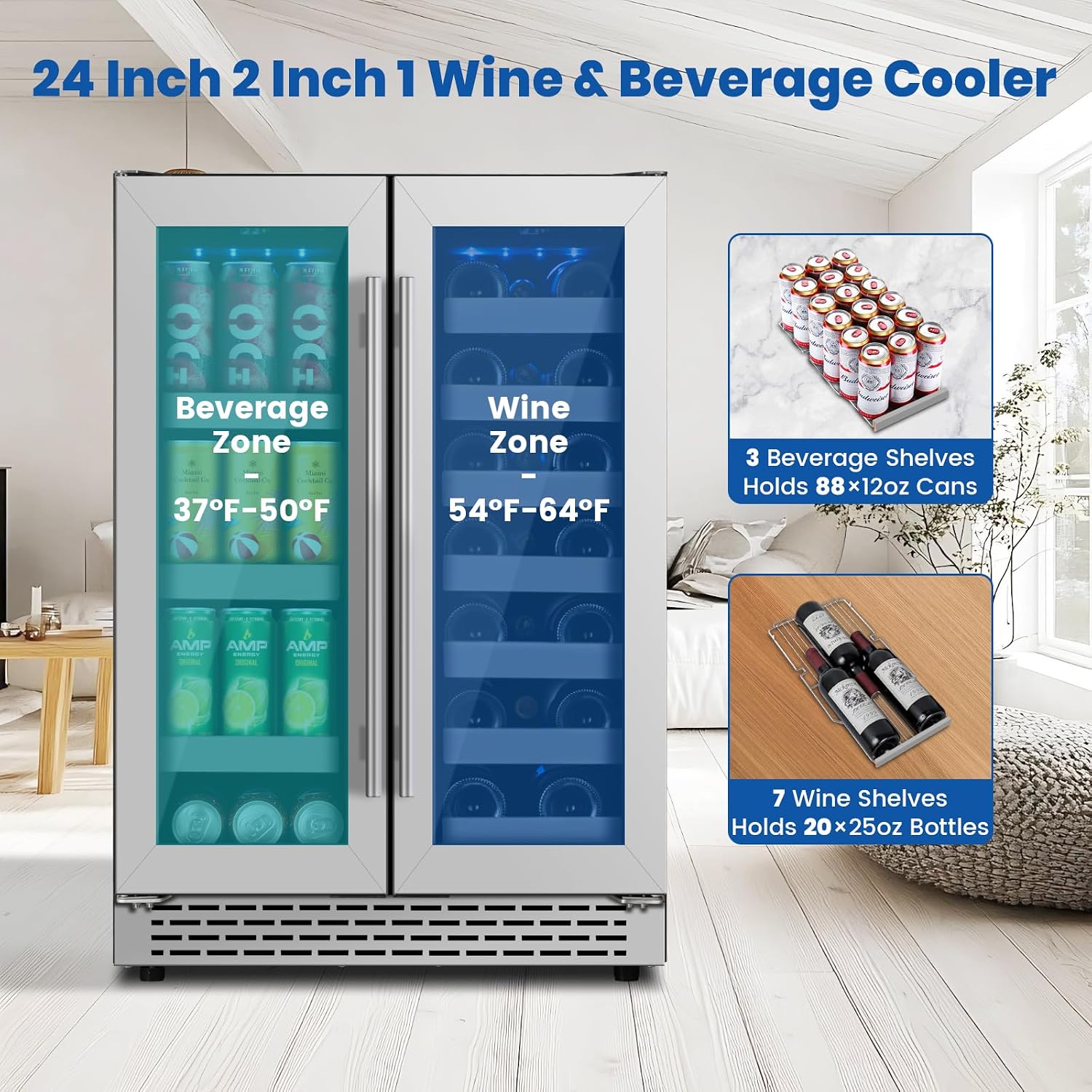 24 Inch Wine and Beverage Refrigerator, Dual Zone Wine Cooler Refrigerator- 20 Bottles & 88 Cans with Stainless Steel Racks, Under Counter/Freestanding Beverage Fridge for Drink/Beer/Wine
