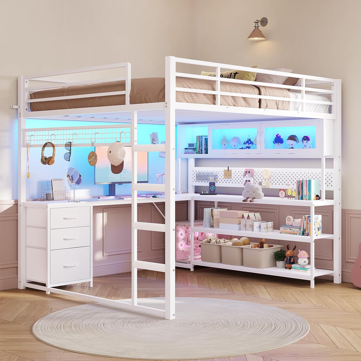 ADORNEVE Loft Bed Full Size with L-Shaped Gaming Desk, Arcylic RGB Hutch & Safety Charging Station, Metal Loft Bed with Storage Drawer, Safety Guardrail & Ladder, Space Saving for Teen Girls, White