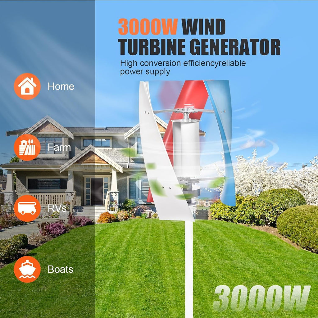 3000W Wind Turbine Generator Kit,12V Portable Vertical Helix Wind Power Turbine Generator Kit 3 Blade Winds With Controllers For Marine RV Home Industrial Energy