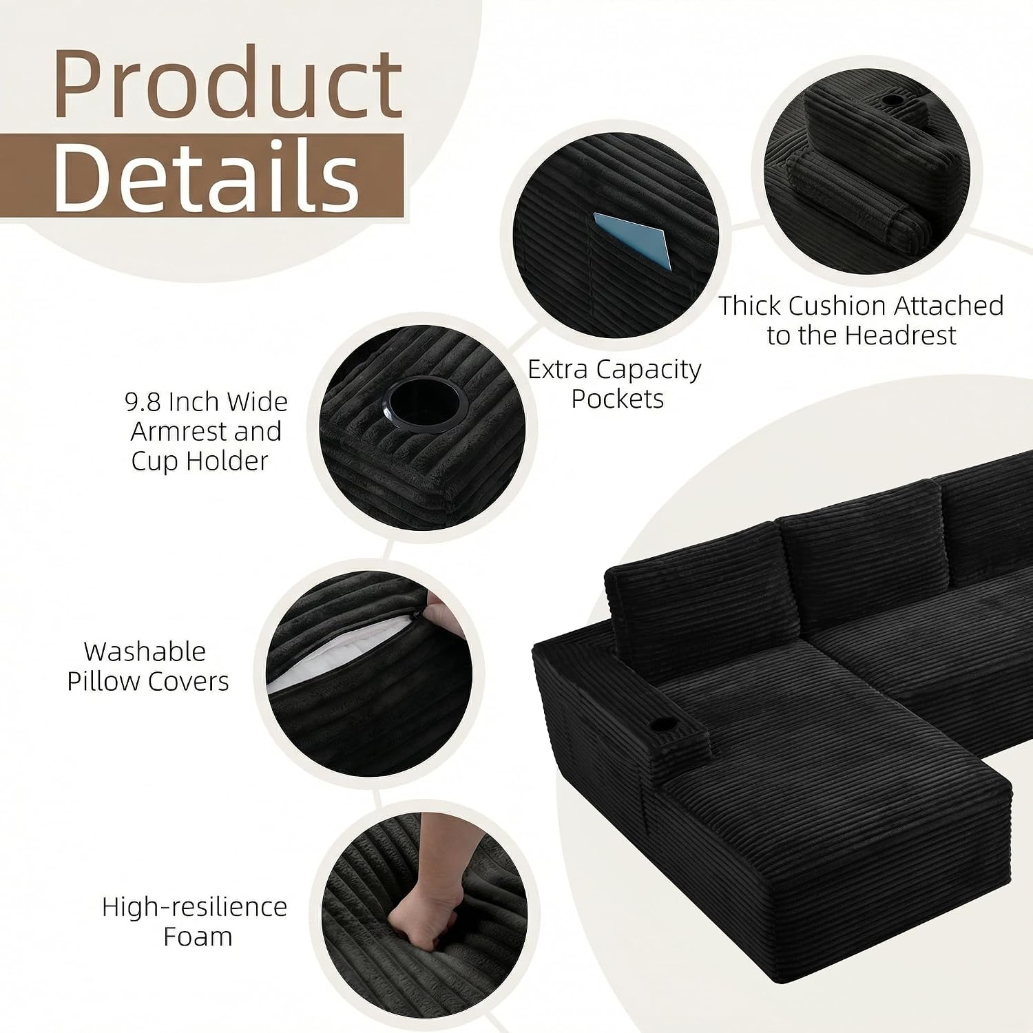 104' L Shaped Boneless Sectional Couches for Living Room, Comfy Corduroy Floor Cloud Sofa with Chaise and Cup Holder, Wide Armrest, Deep Seat, Assembly Free, Ideal for Small Spaces, Black