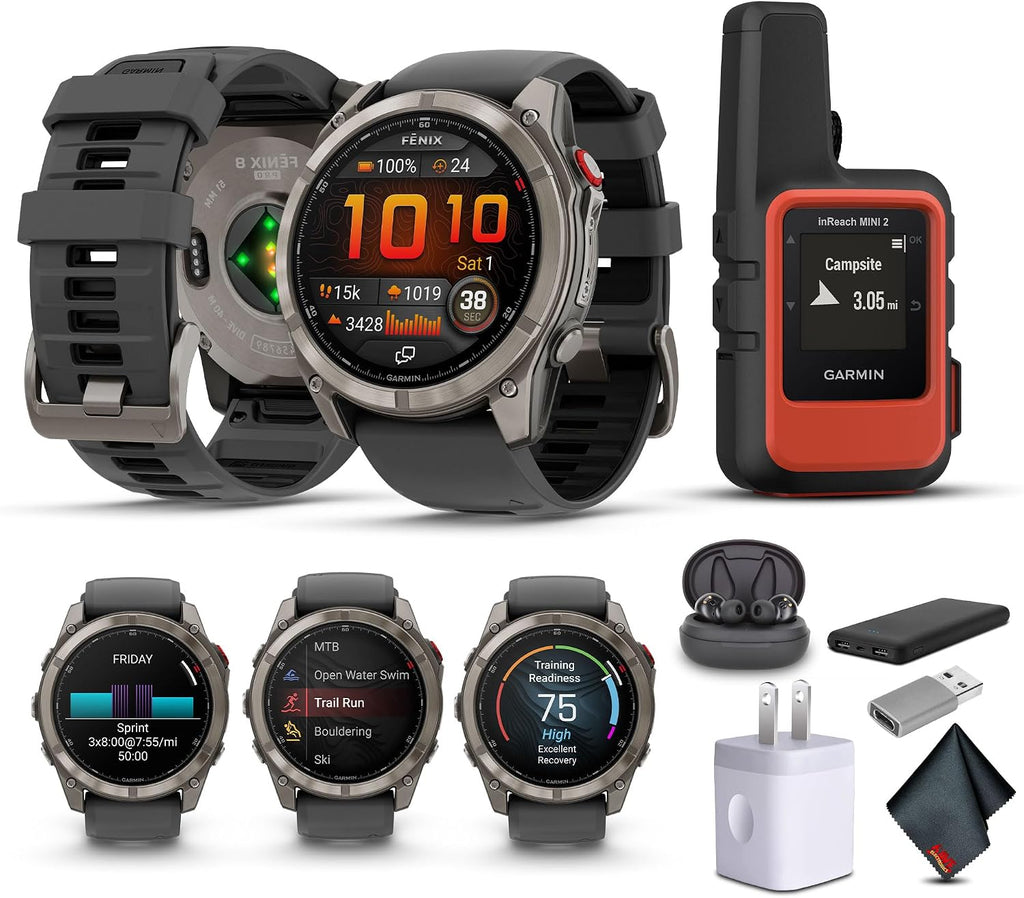 Garmin Fenix 8 Pro, 51mm, AMOLED Display, Multisport Fitness GPS Smartwatch, Sapphire Titanium with Graphite/Black Silicone Band, Wilderness Bundle with inReach Mini 2 Satellite Communicator and More