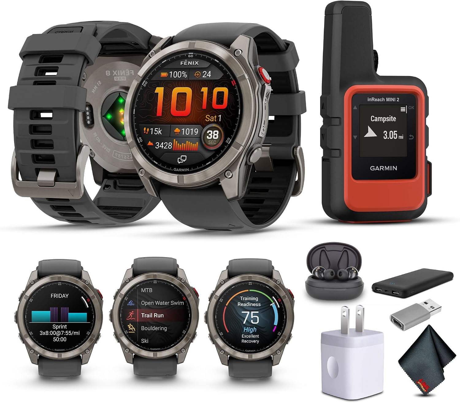 Garmin Fenix 8 Pro, 51mm, AMOLED Display, Multisport Fitness GPS Smartwatch, Sapphire Titanium with Graphite/Black Silicone Band, Wilderness Bundle with inReach Mini 2 Satellite Communicator and More