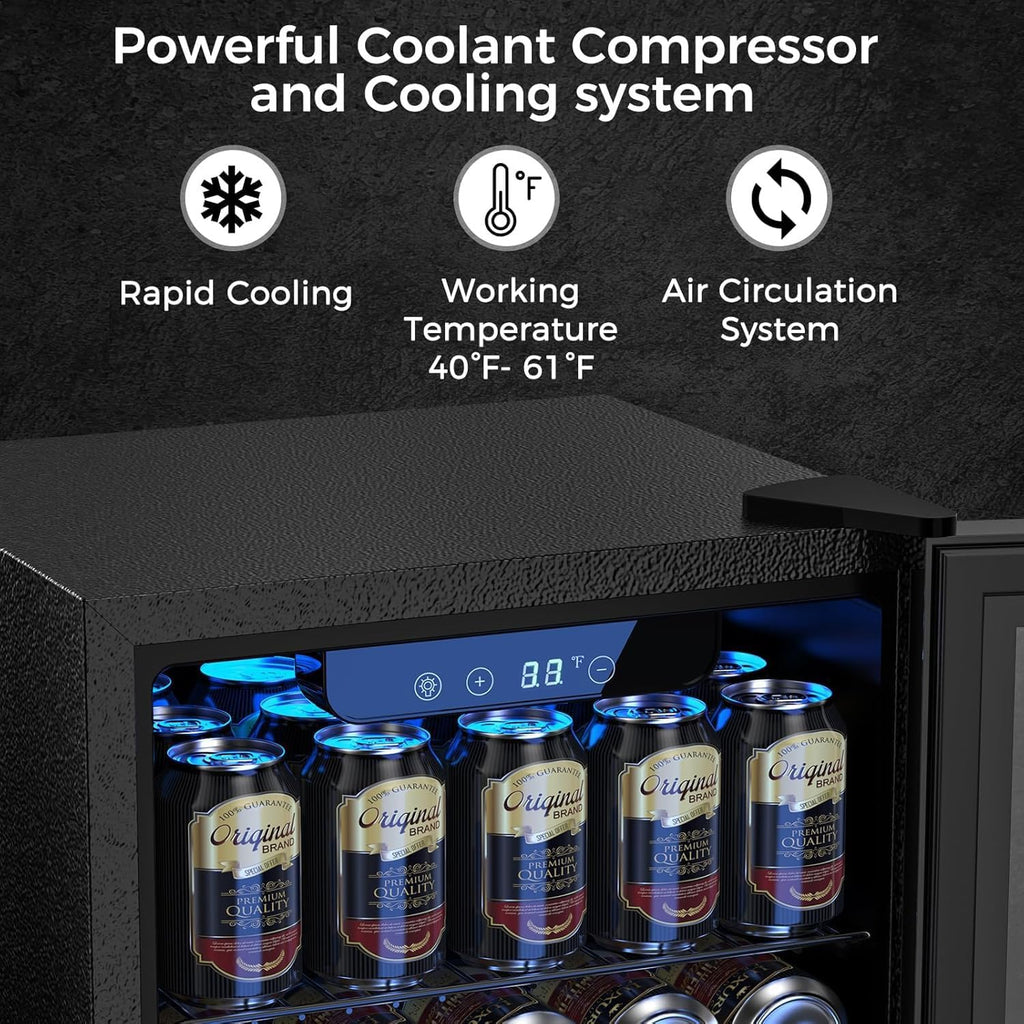 Kndko Mini Beverage Refrigerator - 48 Can Mini Fridge with Digital Temperature Control, LED Light, Reversible Door, Perfect for Home, Office, Bar, and Game Room - 1.3 Cu.Ft, Black